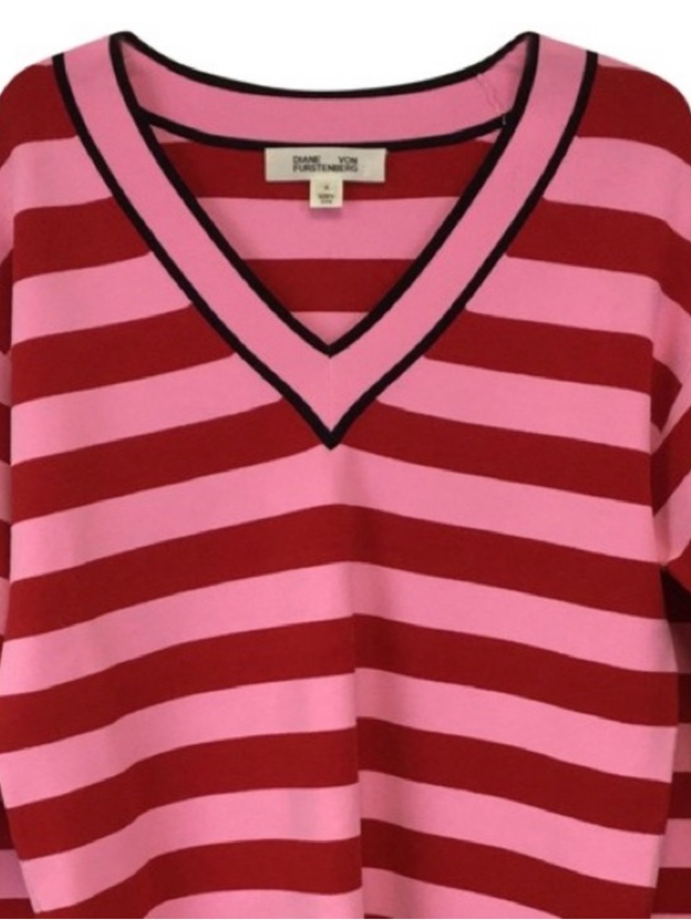 Diane Von Furstenberg Striped V-Neck Top - Pink & Red